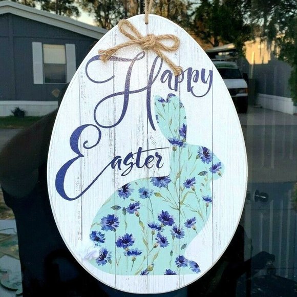 Happy Easter Bunny Rabbit Beautiful Pressed Wood Hanging Sign Decoration 10"x14" - Picture 1 of 1